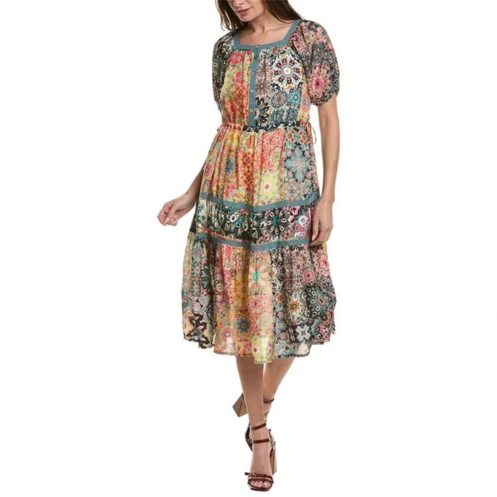Johnny Was Kaleida Zenovia Silk Patchwork Midi Dress Size L Boho Tiered - Picture 5 of 14